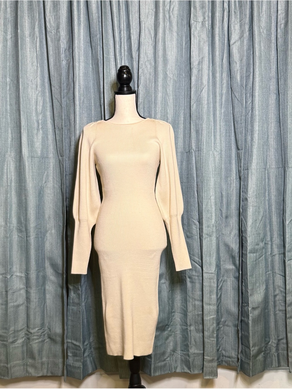 French Connection Cream Ribbed Midi Dress with Balloon Sleeves